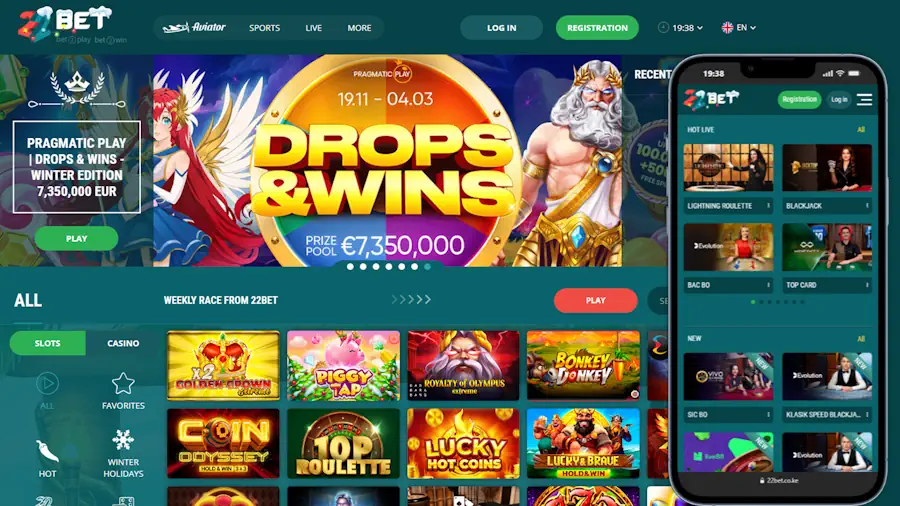 22Bet Casino and Slots Desktop and Mobile View Screenshot